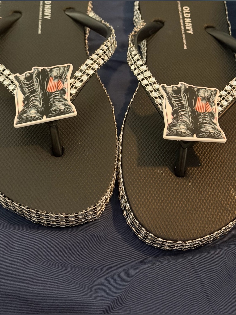 Rhinestone Strap Flip Flops with Boot Charm